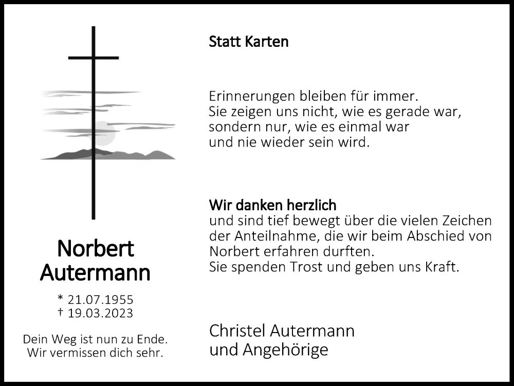  Traueranzeige für Norbert Autermann vom 06.05.2023 aus Ruhr Nachrichten