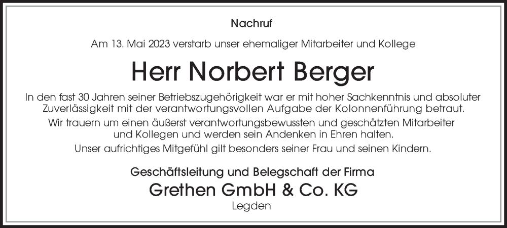  Traueranzeige für Norbert Berger vom 20.05.2023 aus Münstersche Zeitung und Münsterland Zeitung