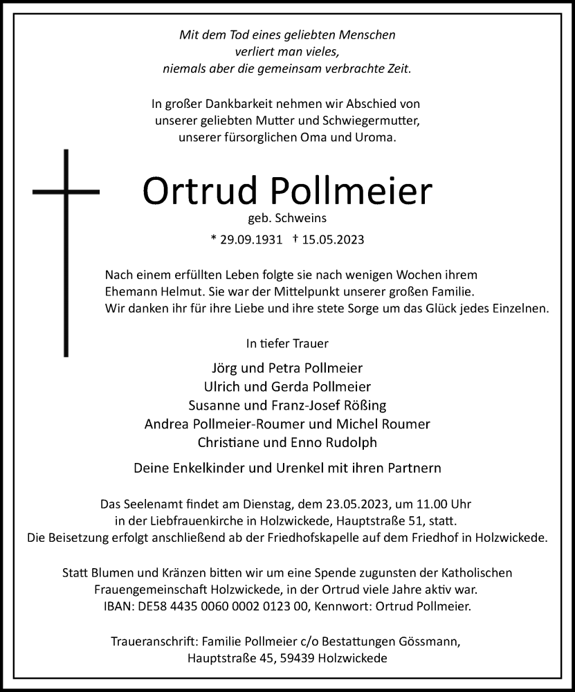  Traueranzeige für Ortrud Pollmeier vom 20.05.2023 aus Hellweger Anzeiger