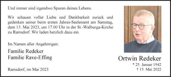 Traueranzeige von Ortwin Redeker von Medienhaus Bauer