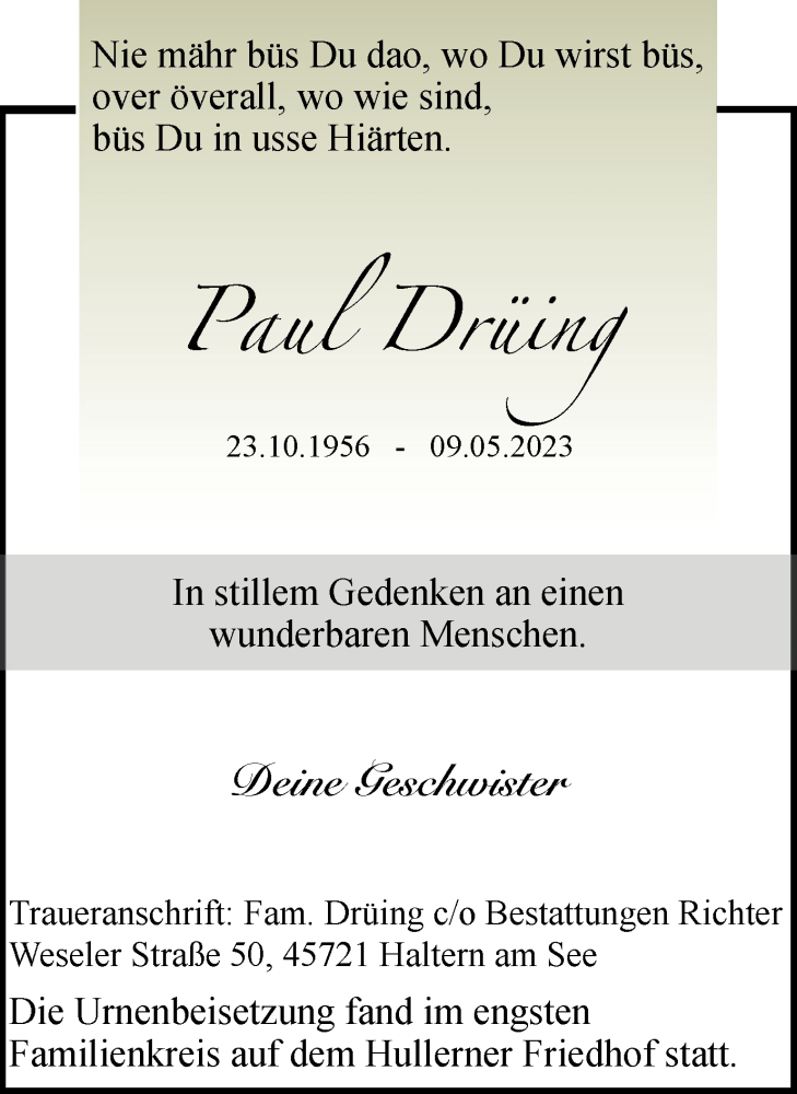  Traueranzeige für Paul Drüing vom 24.05.2023 aus Ruhr Nachrichten und Halterner Zeitung
