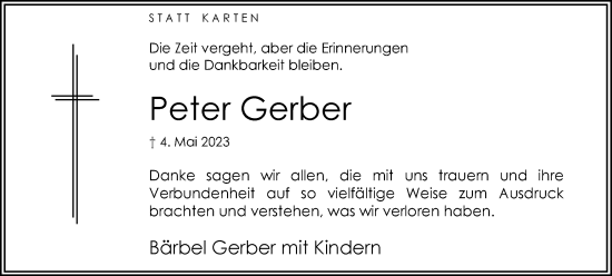 Traueranzeige von Peter Gerber von Hellweger Anzeiger