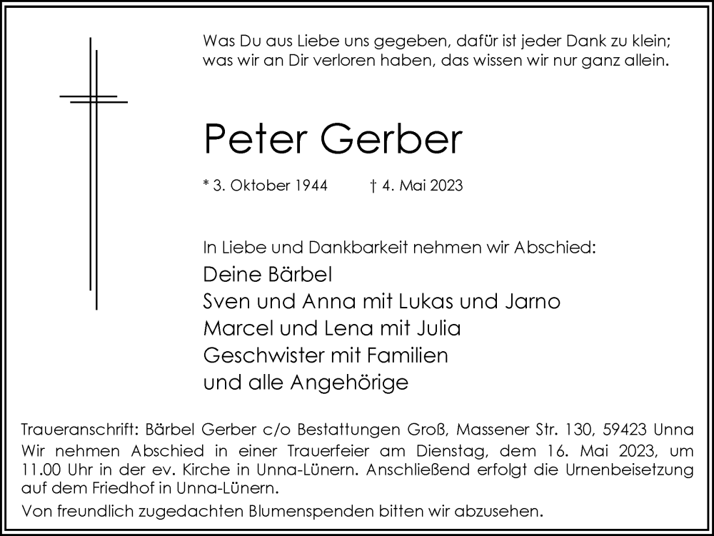  Traueranzeige für Peter Gerber vom 10.05.2023 aus Hellweger Anzeiger