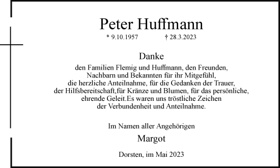 Traueranzeige von Peter Huffmann von Ruhr Nachrichten und Dorstener Zeitung