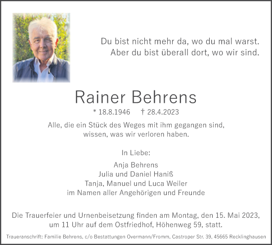 Traueranzeige von Rainer Behrens von Medienhaus Bauer