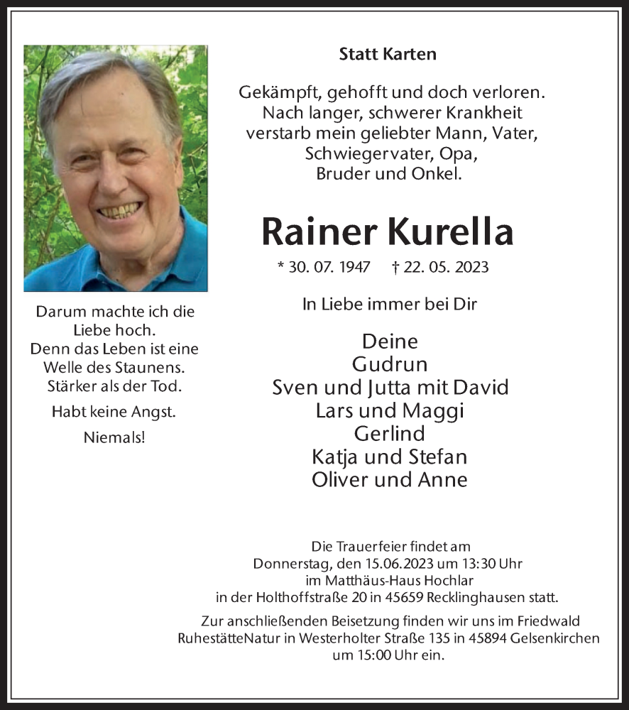  Traueranzeige für Rainer Kurella vom 27.05.2023 aus Medienhaus Bauer