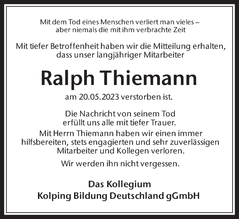  Traueranzeige für Ralph Thiemann vom 24.05.2023 aus Medienhaus Bauer