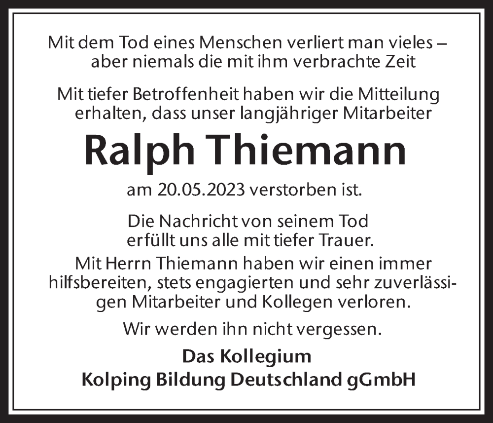  Traueranzeige für Ralph Thiemann vom 27.05.2023 aus 