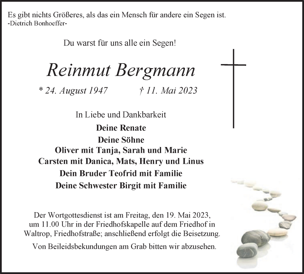  Traueranzeige für Reinmut Bergmann vom 17.05.2023 aus Medienhaus Bauer