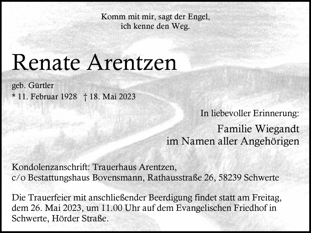  Traueranzeige für Renate Arentzen vom 24.05.2023 aus Ruhr Nachrichten