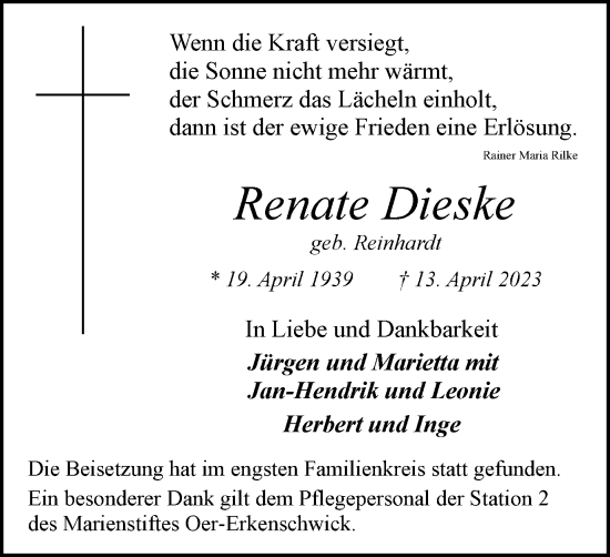 Traueranzeige von Renate Dieske von Medienhaus Bauer