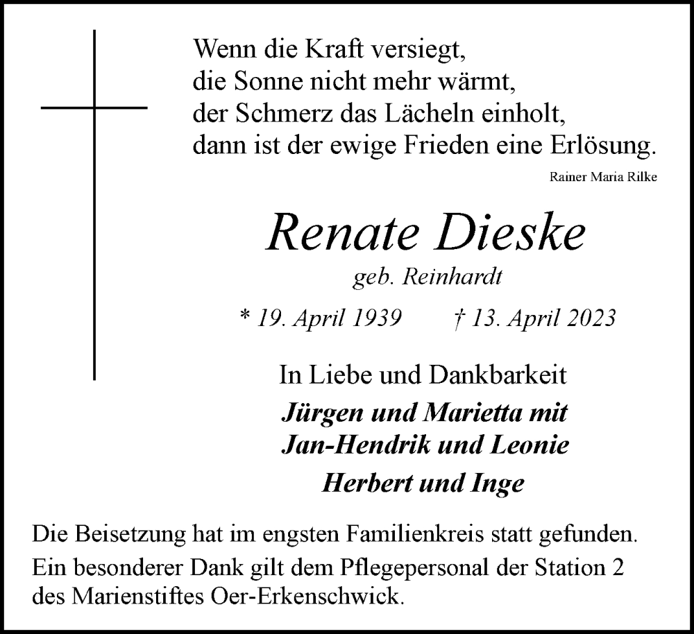  Traueranzeige für Renate Dieske vom 06.05.2023 aus Medienhaus Bauer