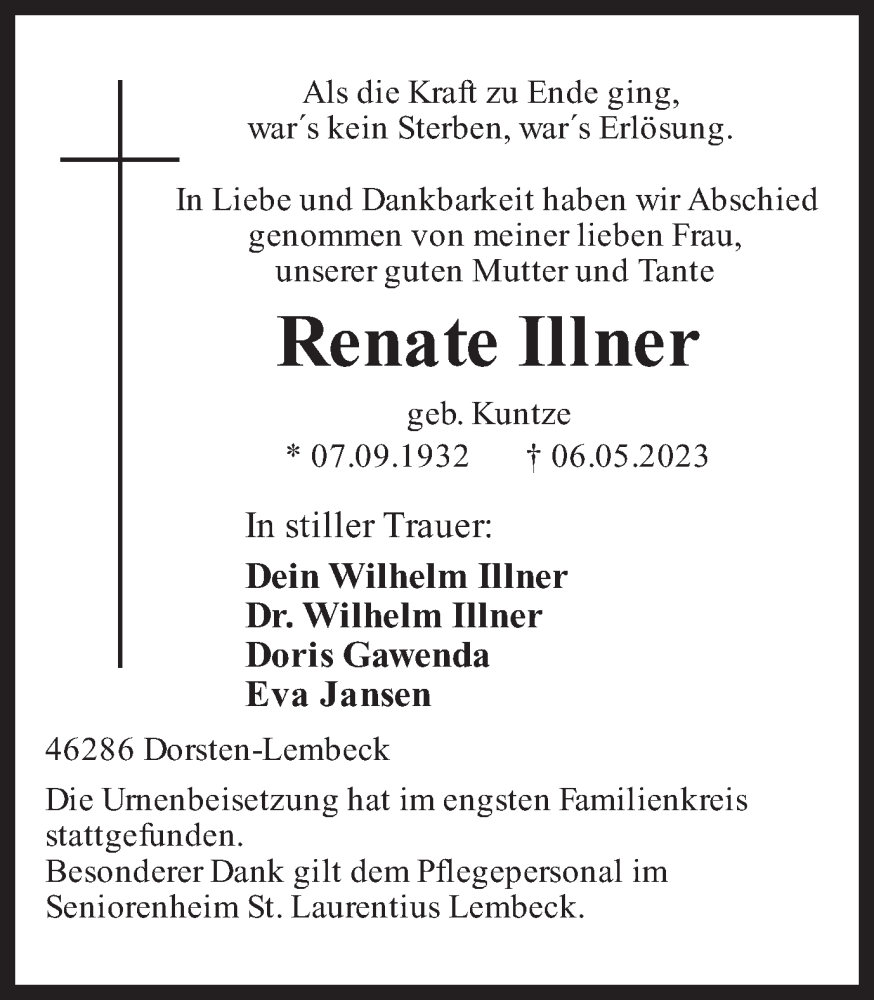  Traueranzeige für Renate Illner vom 20.05.2023 aus Ruhr Nachrichten und Dorstener Zeitung