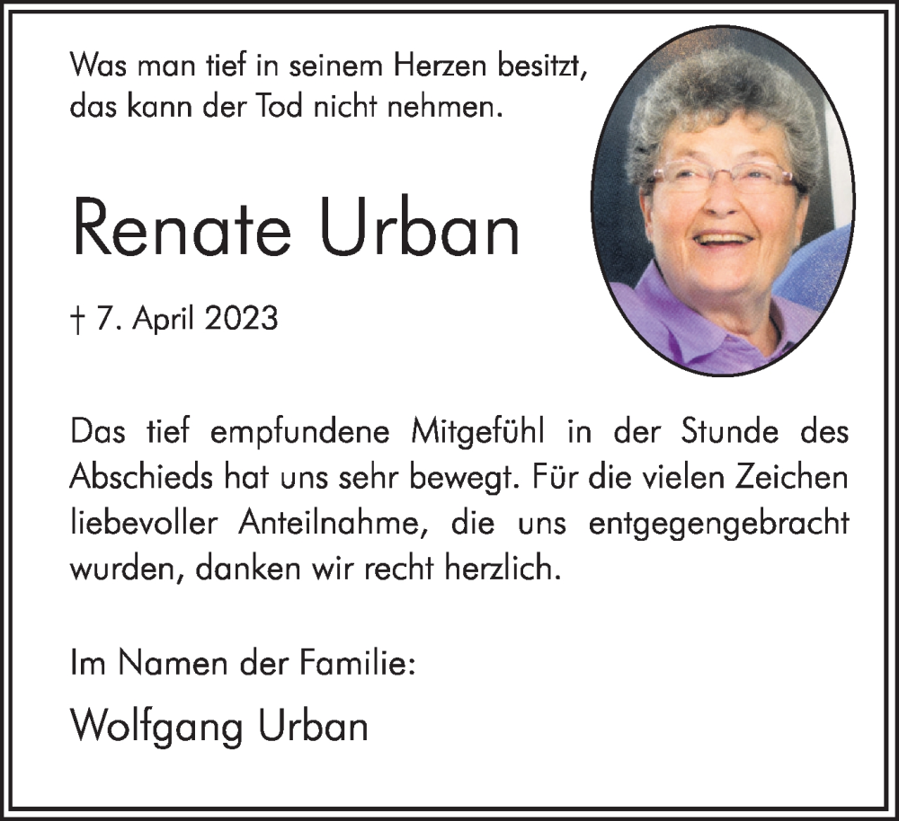  Traueranzeige für Renate Urban vom 06.05.2023 aus Hellweger Anzeiger