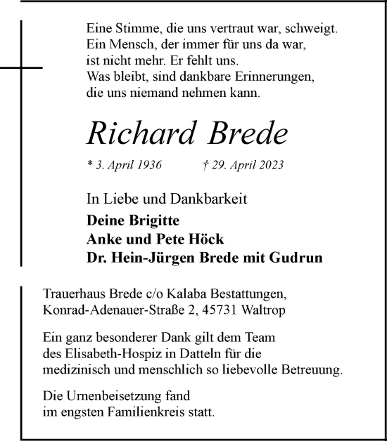 Traueranzeige von Richard Brede von Medienhaus Bauer