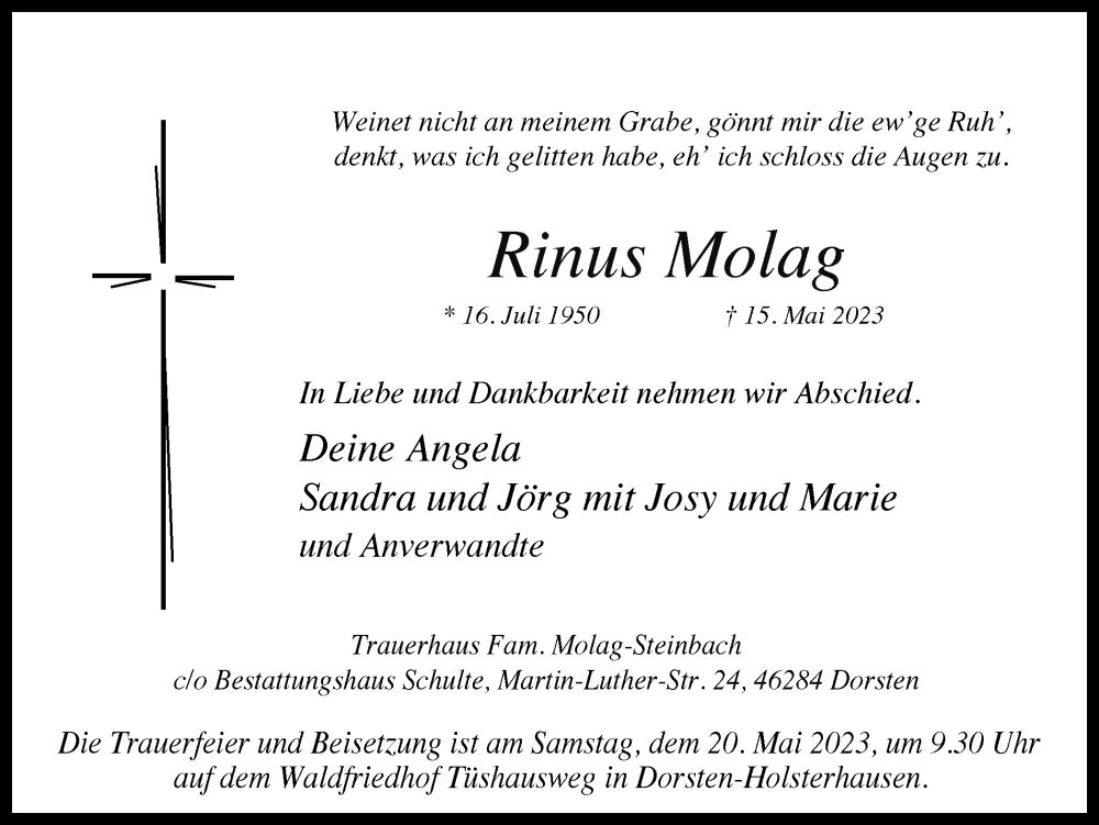  Traueranzeige für Rinus Molag vom 17.05.2023 aus Ruhr Nachrichten und Dorstener Zeitung
