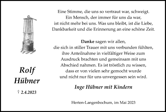 Traueranzeige von Rolf Hübner von Medienhaus Bauer