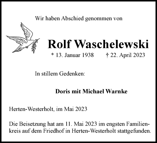 Traueranzeige von Rolf Waschelewski von Medienhaus Bauer
