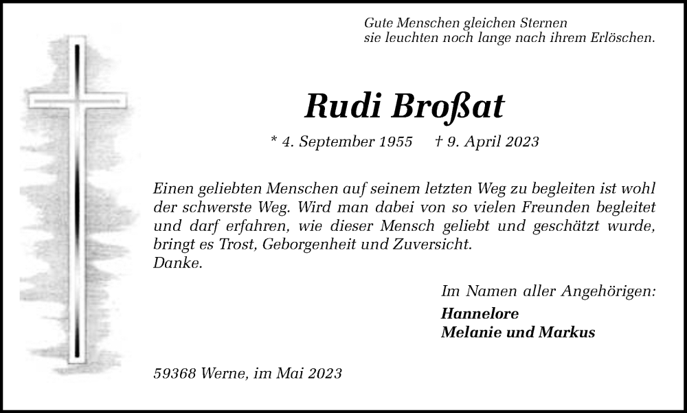  Traueranzeige für Rudi Broßat vom 27.05.2023 aus Hellweger Anzeiger