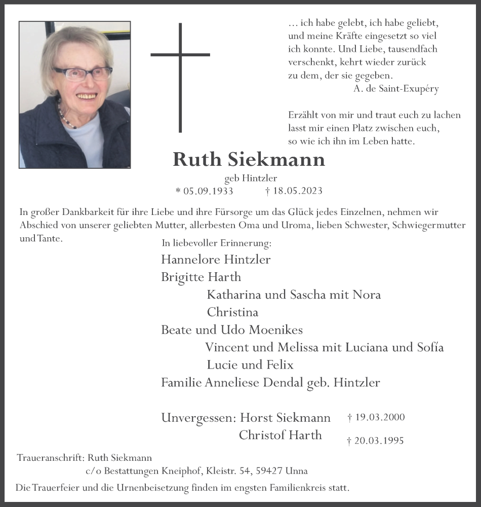  Traueranzeige für Ruth Siekmann vom 27.05.2023 aus Hellweger Anzeiger