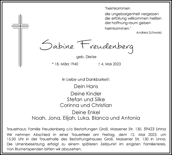 Traueranzeige von Sabine Freudenberg von Hellweger Anzeiger