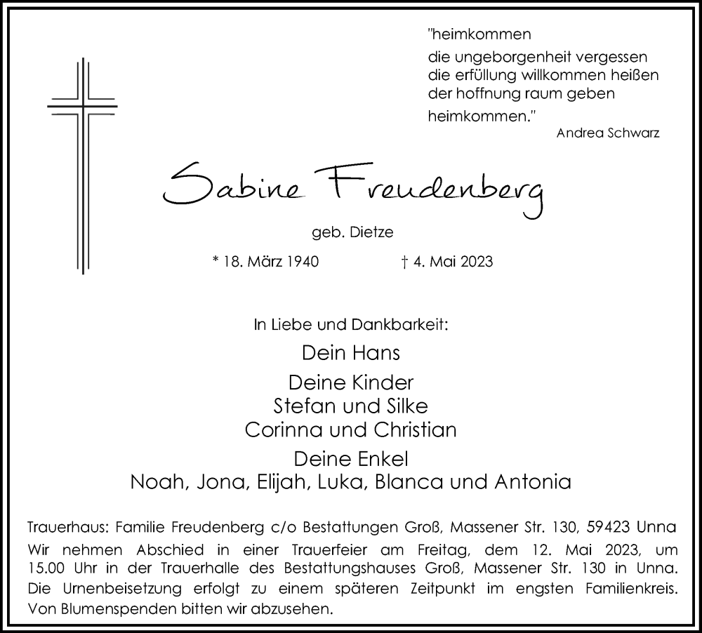  Traueranzeige für Sabine Freudenberg vom 09.05.2023 aus Hellweger Anzeiger