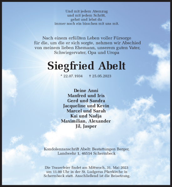 Traueranzeige von Siegfried Abelt