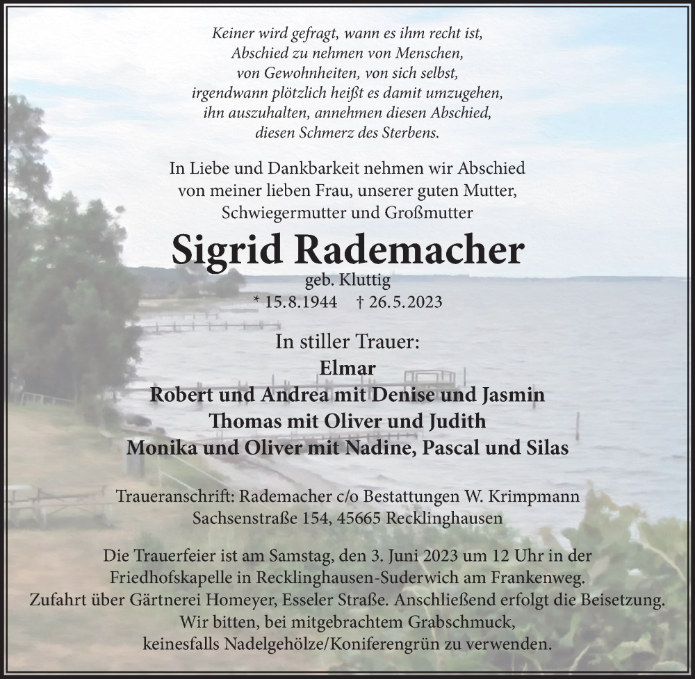  Traueranzeige für Sigrid Rademacher vom 31.05.2023 aus Medienhaus Bauer
