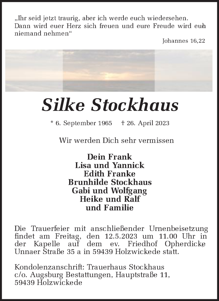  Traueranzeige für Silke Stockhaus vom 06.05.2023 aus Hellweger Anzeiger