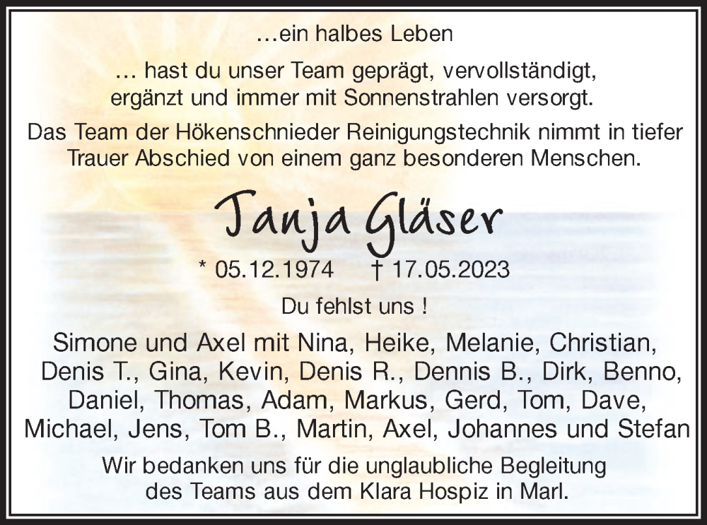  Traueranzeige für Tanja Gläser vom 20.05.2023 aus Medienhaus Bauer