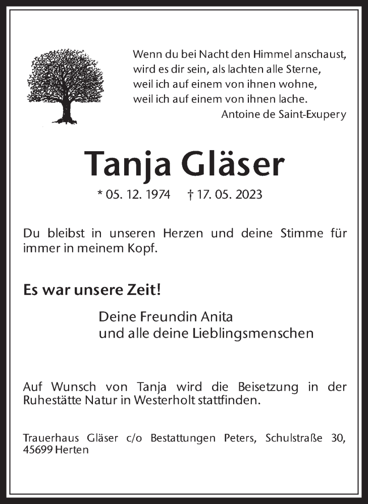  Traueranzeige für Tanja Gläser vom 27.05.2023 aus Medienhaus Bauer