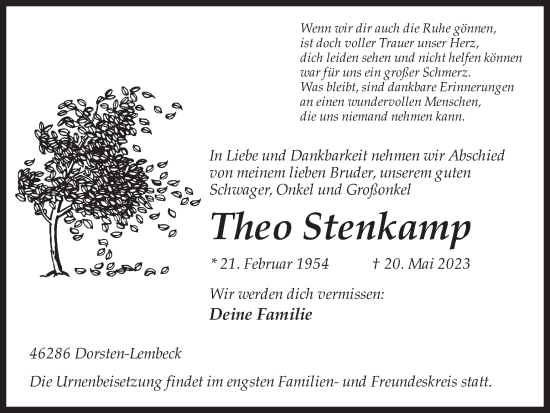 Traueranzeige von Theo Stenkamp von Ruhr Nachrichten und Dorstener Zeitung