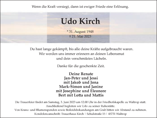 Traueranzeige von Udo Kirch