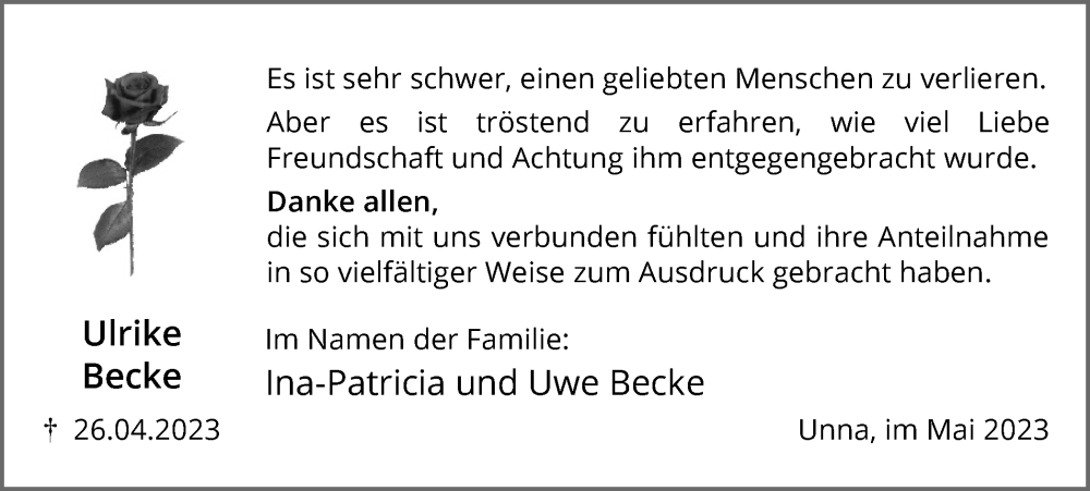  Traueranzeige für Ulrike Becke vom 31.05.2023 aus Hellweger Anzeiger