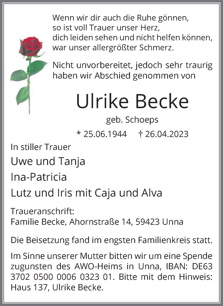  Traueranzeige für Ulrike Becke vom 10.05.2023 aus Hellweger Anzeiger