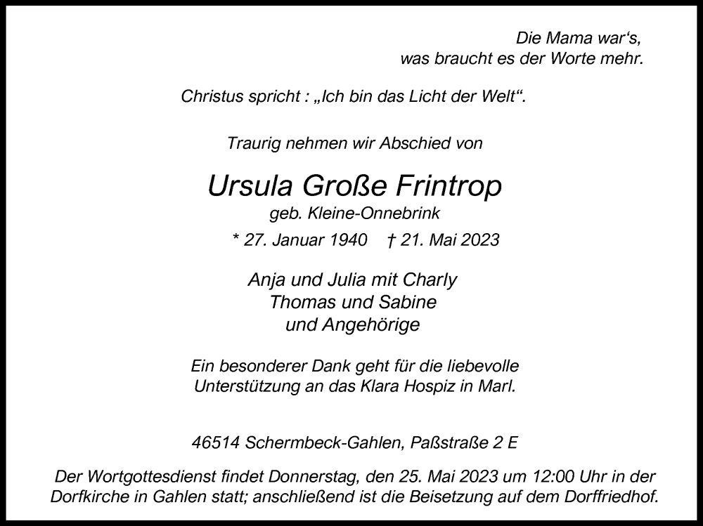  Traueranzeige für Ursula Große Frintrop vom 24.05.2023 aus Ruhr Nachrichten und Dorstener Zeitung