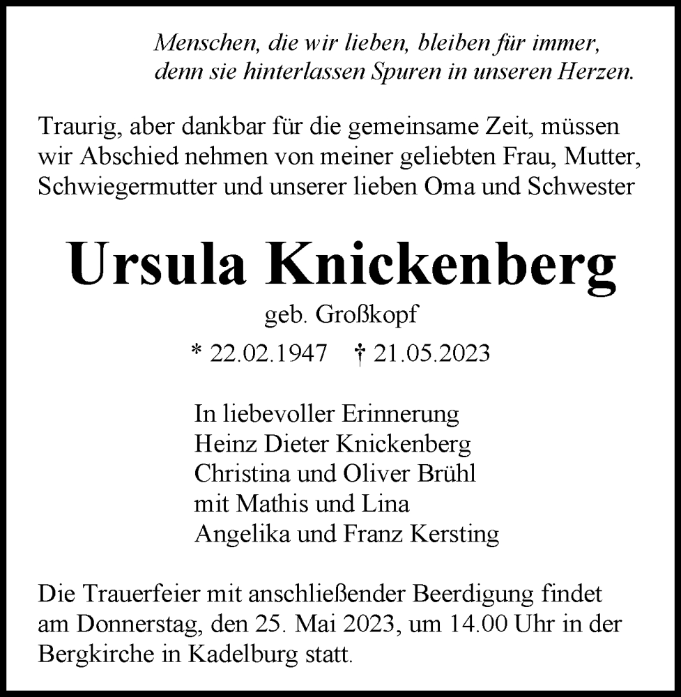  Traueranzeige für Ursula Knickenberg vom 24.05.2023 aus 