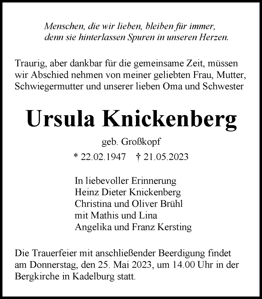  Traueranzeige für Ursula Knickenberg vom 24.05.2023 aus Hellweger Anzeiger