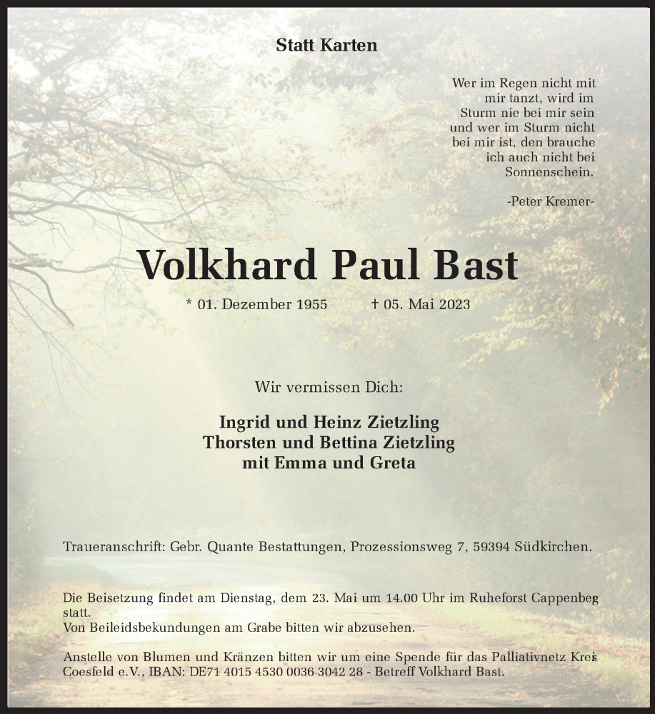  Traueranzeige für Volkhard Paul Bast vom 13.05.2023 aus Ruhr Nachrichten