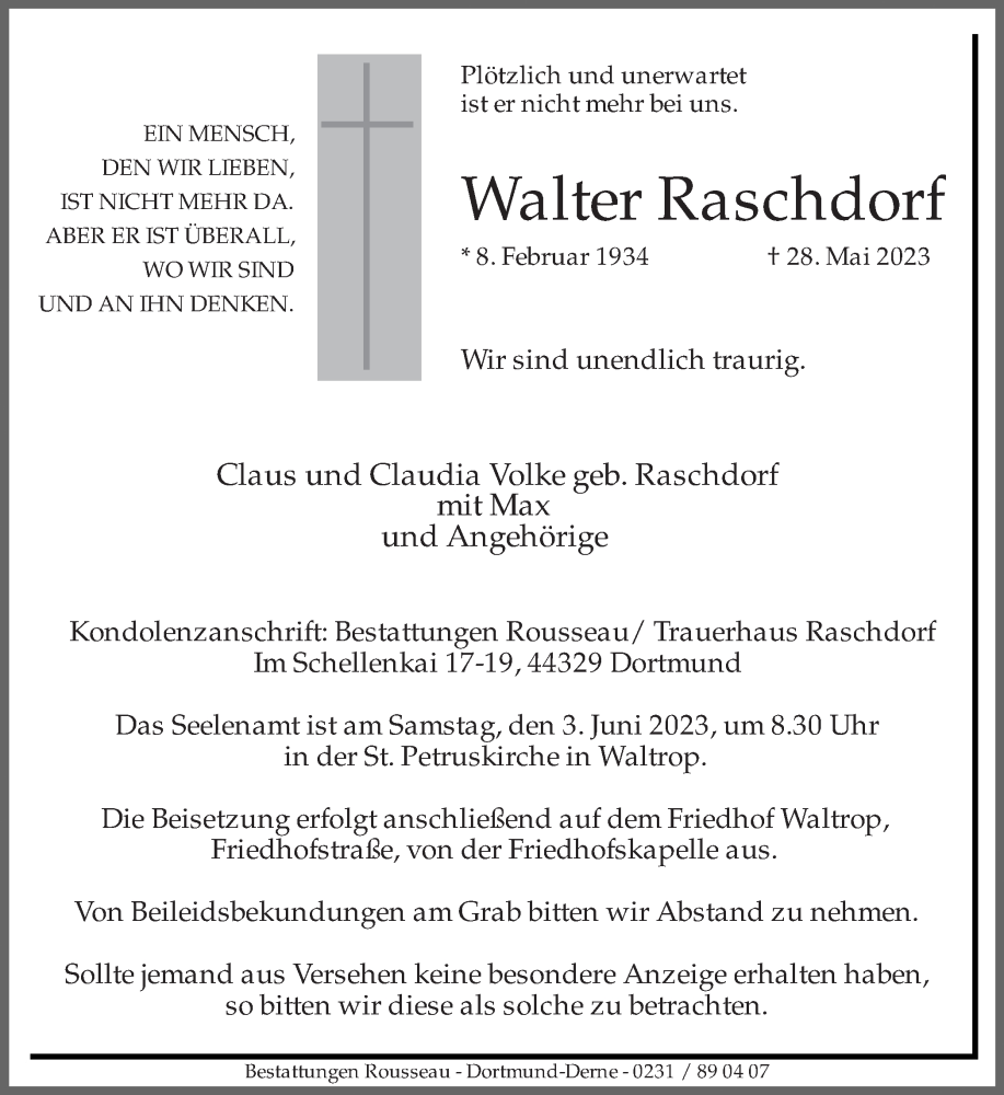  Traueranzeige für Walter Raschdorf vom 31.05.2023 aus Medienhaus Bauer