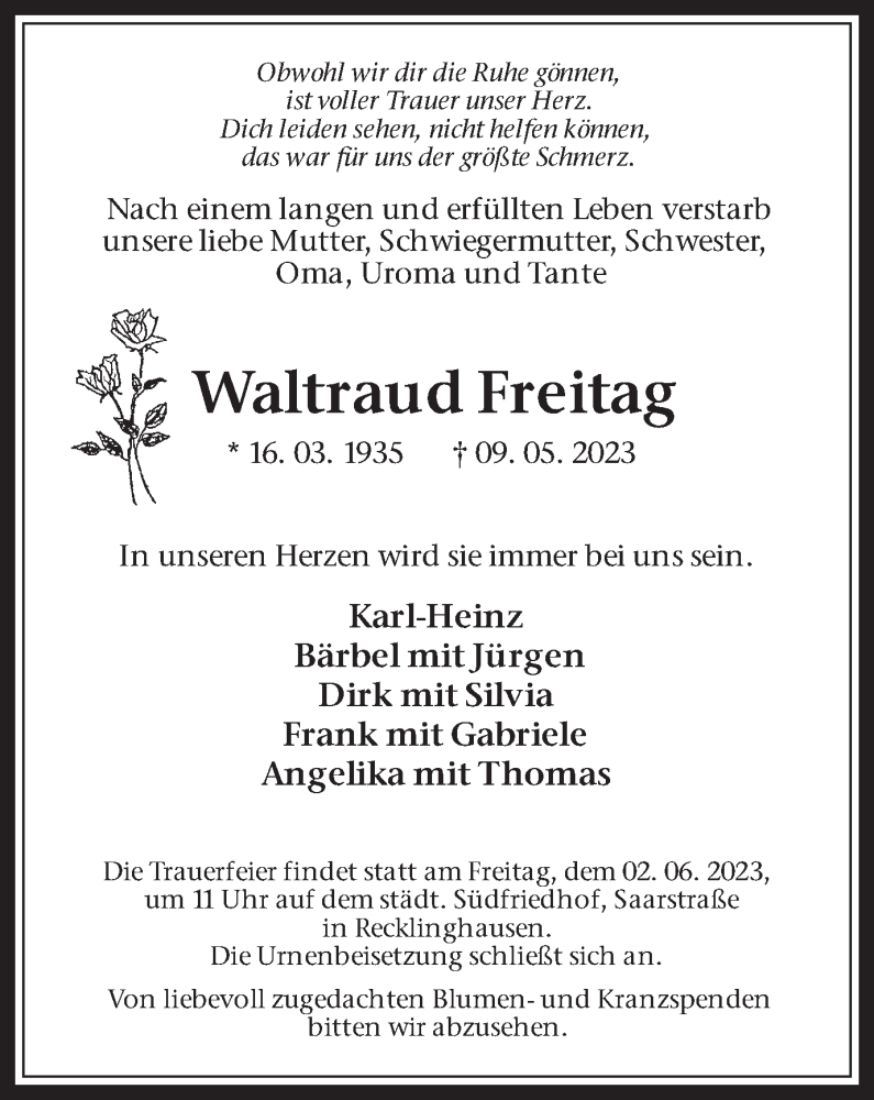  Traueranzeige für Waltraud Freitag vom 27.05.2023 aus Medienhaus Bauer
