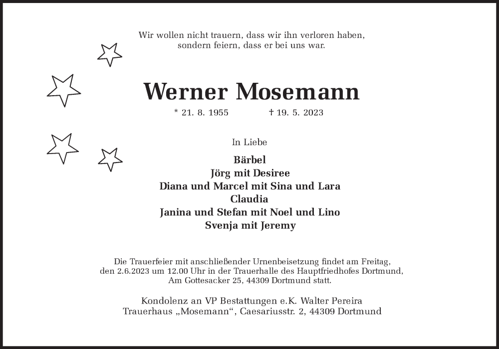  Traueranzeige für Werner Mosemann vom 27.05.2023 aus 