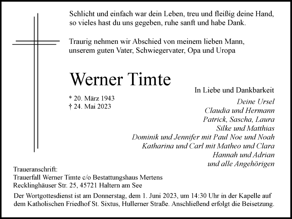  Traueranzeige für Werner Timte vom 27.05.2023 aus Ruhr Nachrichten und Halterner Zeitung
