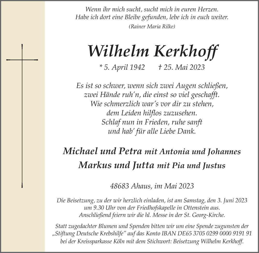  Traueranzeige für Wilhelm Kerkhoff vom 31.05.2023 aus Münstersche Zeitung und Münsterland Zeitung