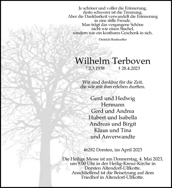 Traueranzeige von Wilhelm Terboven von Ruhr Nachrichten und Dorstener Zeitung