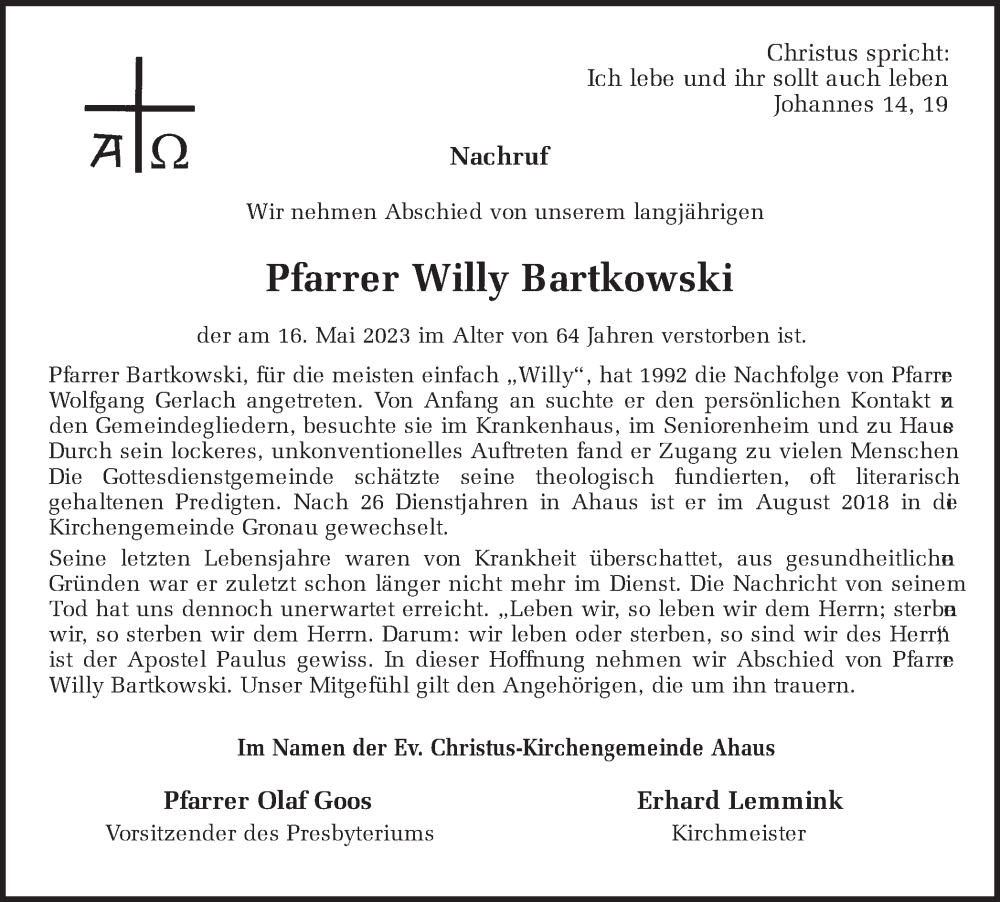  Traueranzeige für Willy Bartkowski vom 26.05.2023 aus Münstersche Zeitung und Münsterland Zeitung