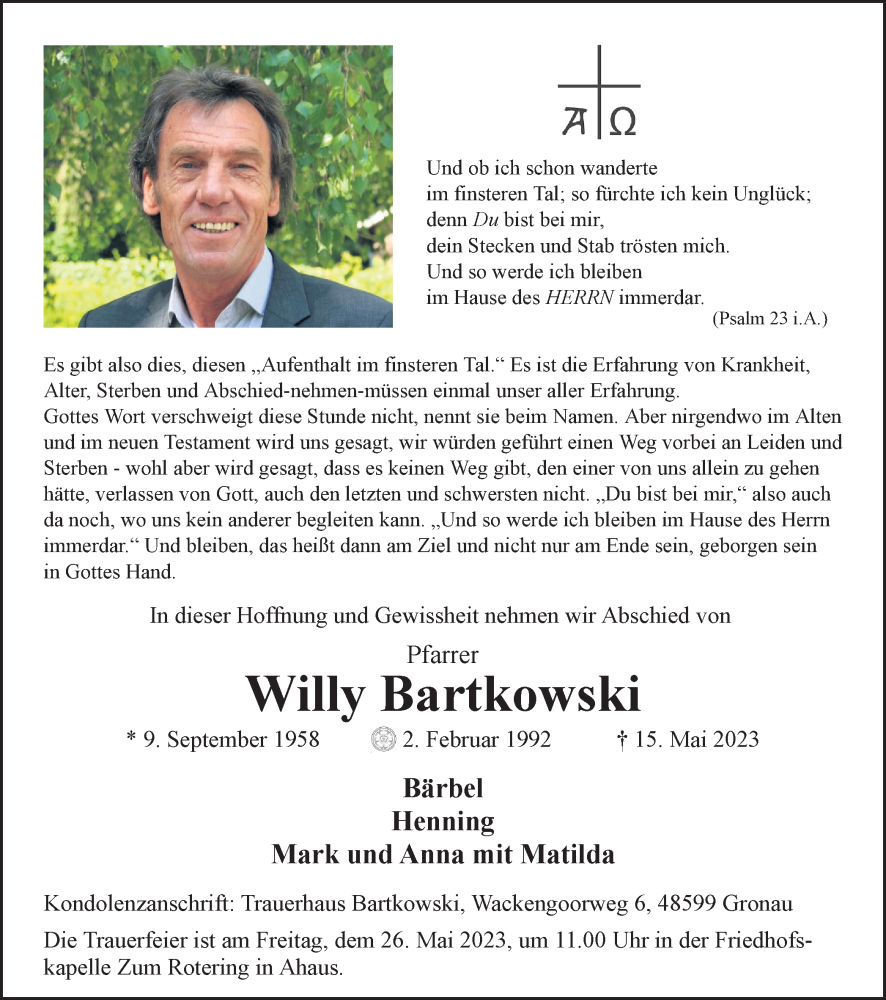  Traueranzeige für Willy Bartkowski vom 20.05.2023 aus Münstersche Zeitung und Münsterland Zeitung