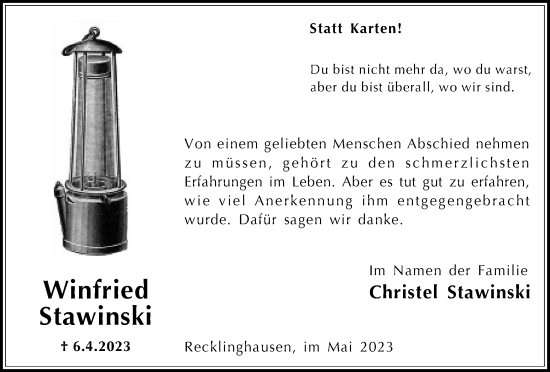 Traueranzeige von Winfried Stawinski von Medienhaus Bauer