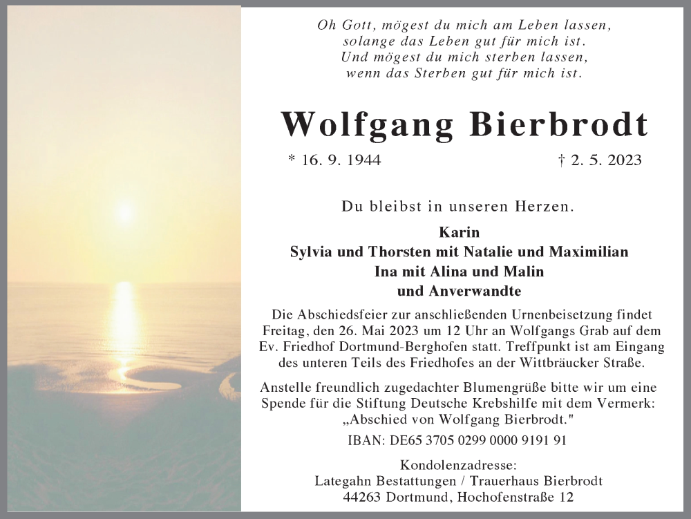  Traueranzeige für Wolfgang Bierbrodt vom 20.05.2023 aus 