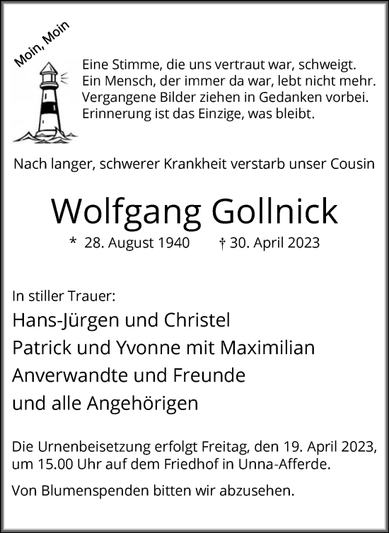 Traueranzeige von Wolfgang Gollnick von Hellweger Anzeiger